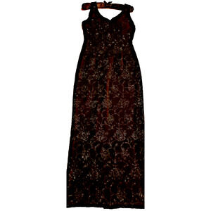 VTG Womens Black Beaded Sexy Slit Maxi Gown Shimmer V-Neck Back Zip Summer Nites